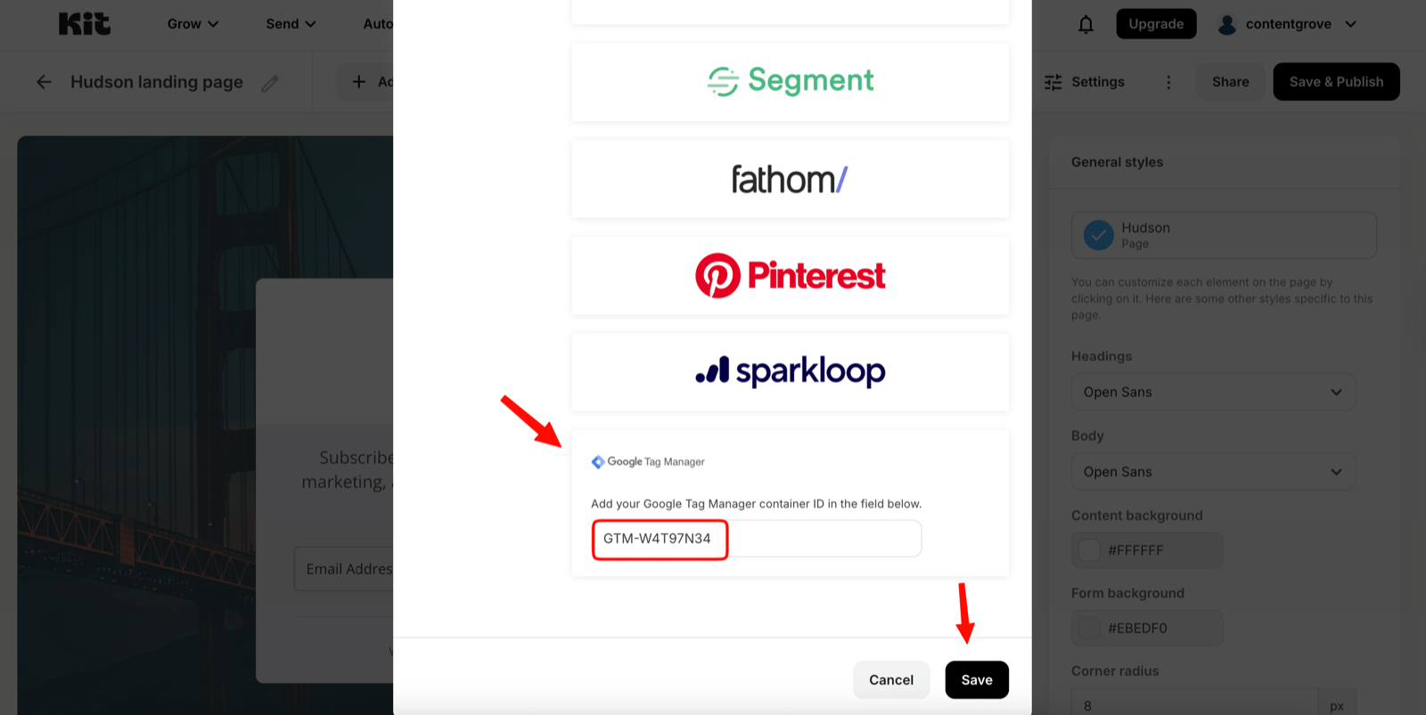 The Google Tag Manager field in Kit's SEO & Analytics settings