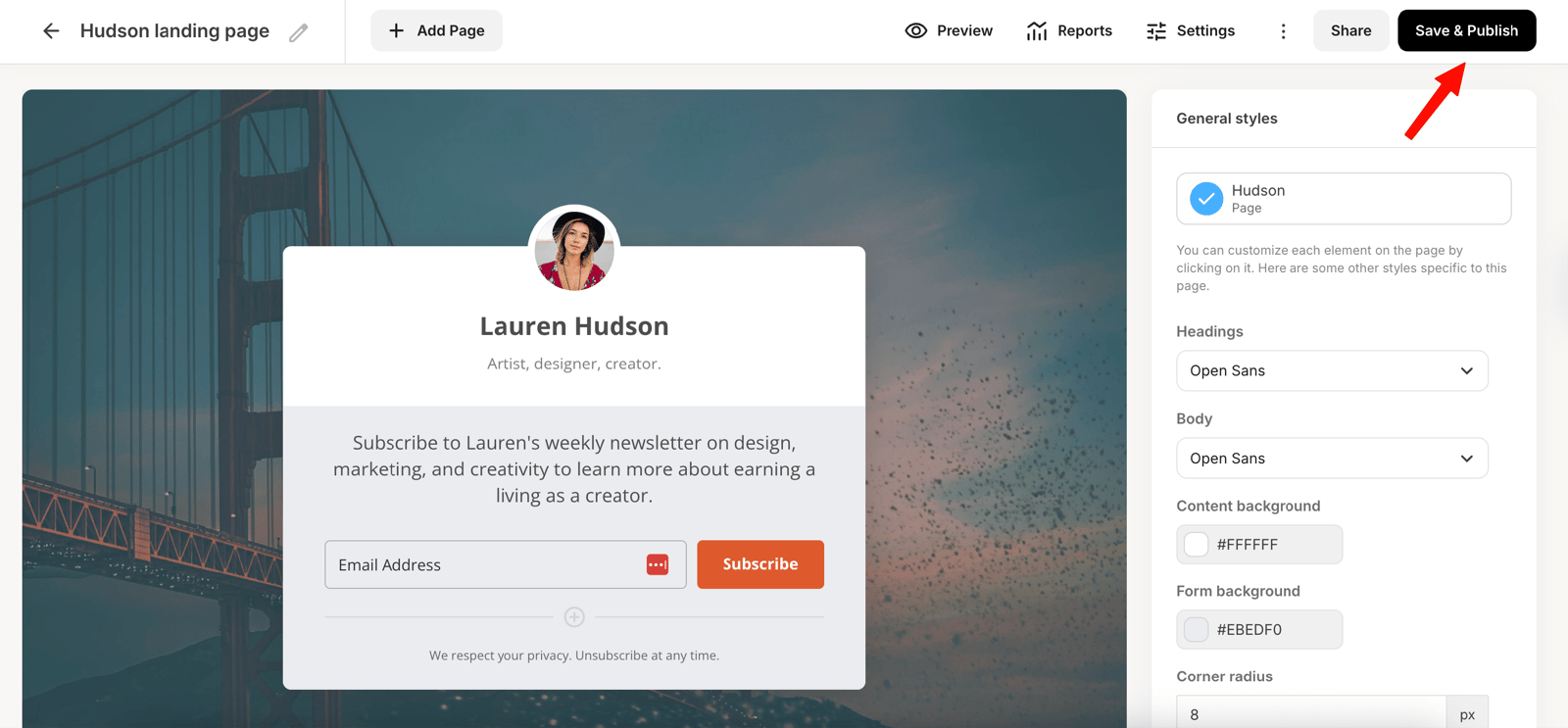 Saving and publishing the Kit landing page