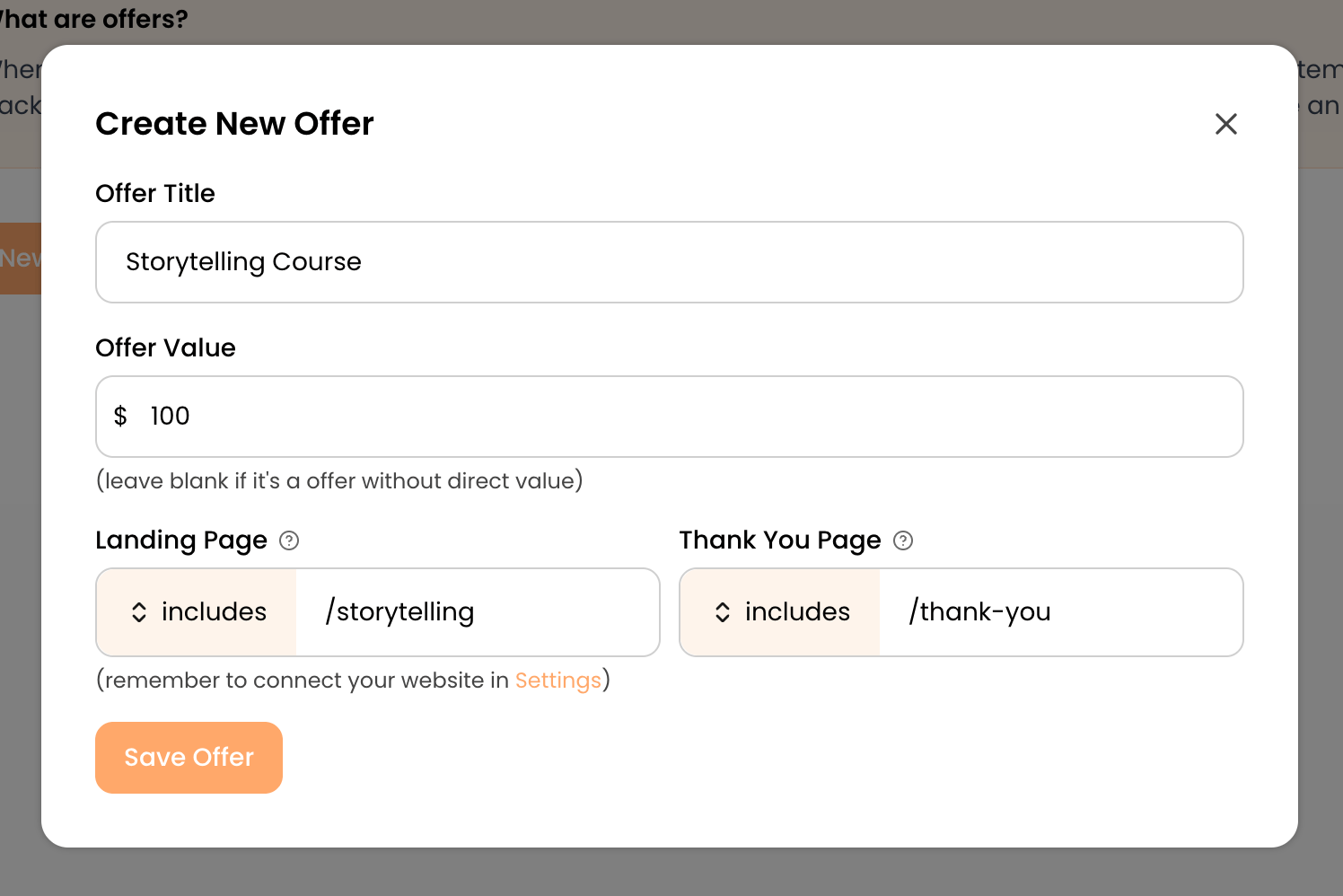 The create offer dialog in contentgrove with title, value, landing page, and thank-you page fields