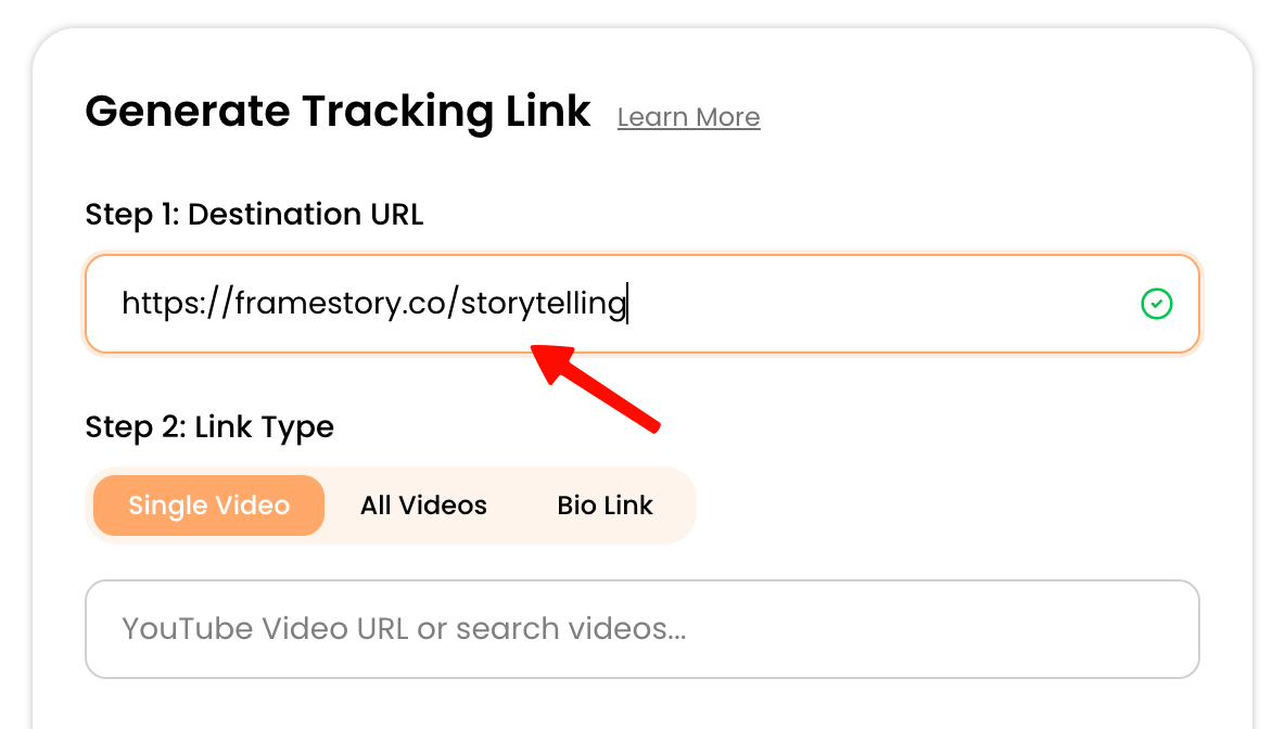 Entering a destination URL in the Create links tab