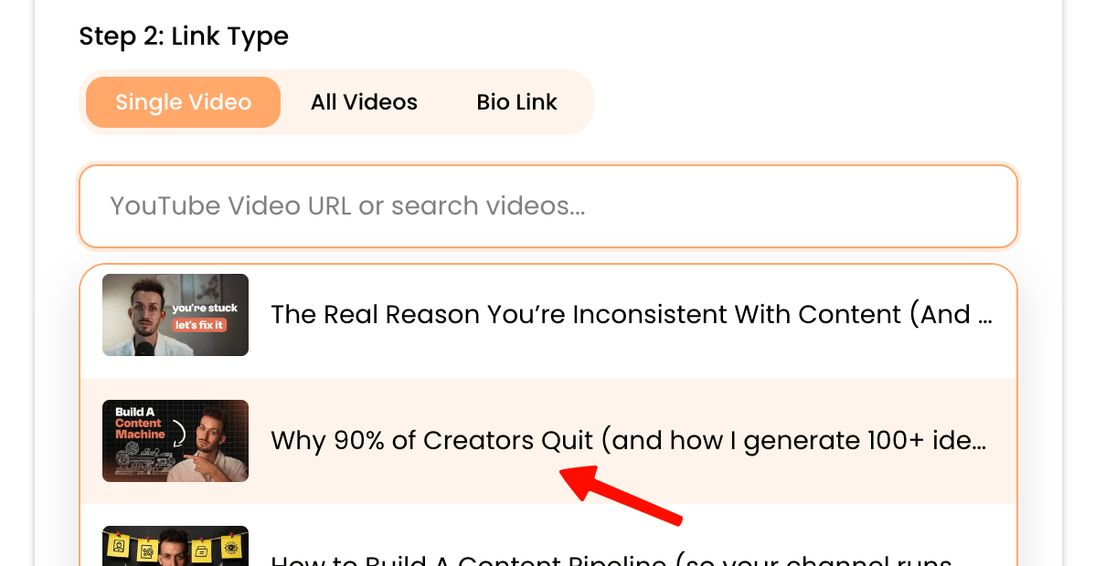 Selecting a YouTube video to create a tracking link for