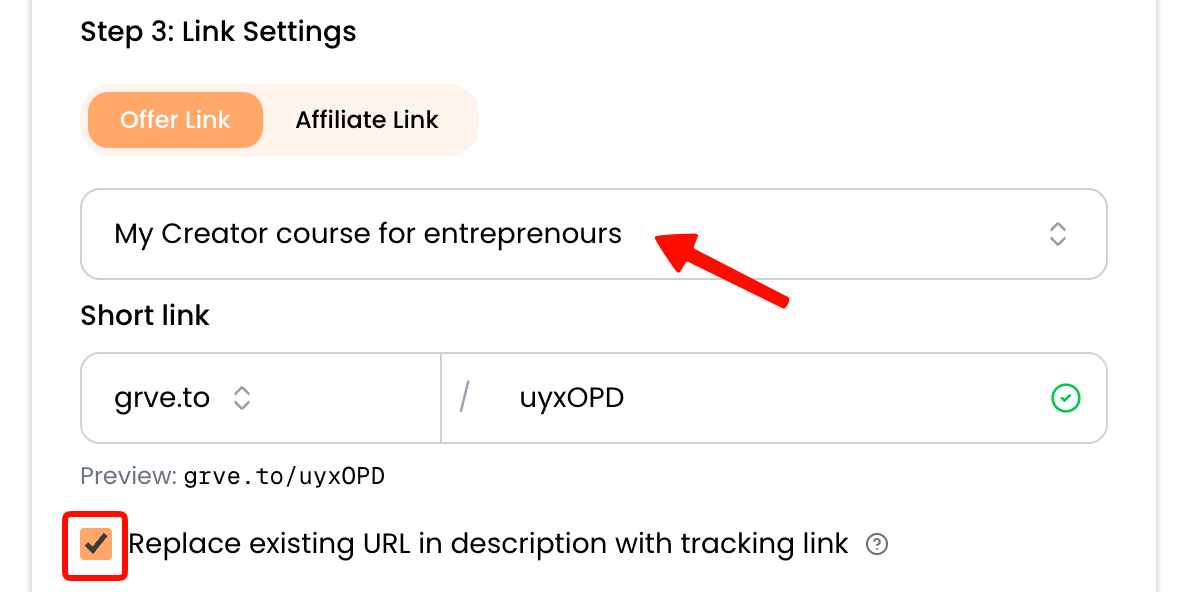 Choosing an offer or affiliate link type for the tracking link