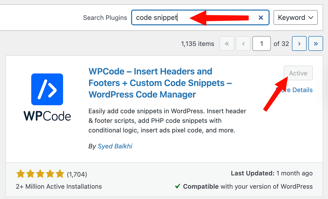 Installing the WPCode plugin from the WordPress plugin directory