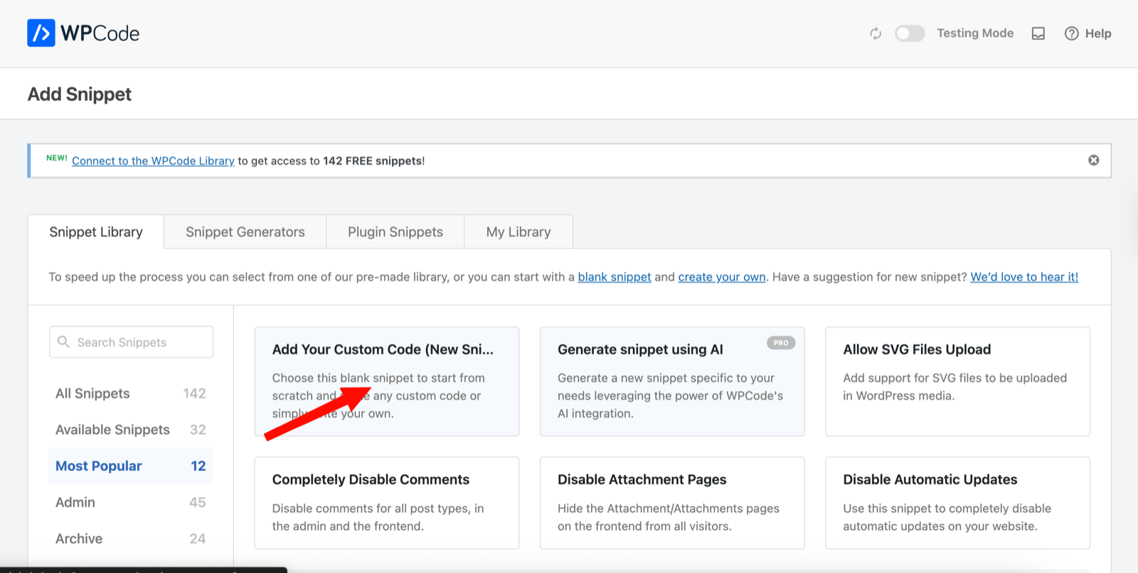 Choosing Add Your Custom Snippet in WPCode