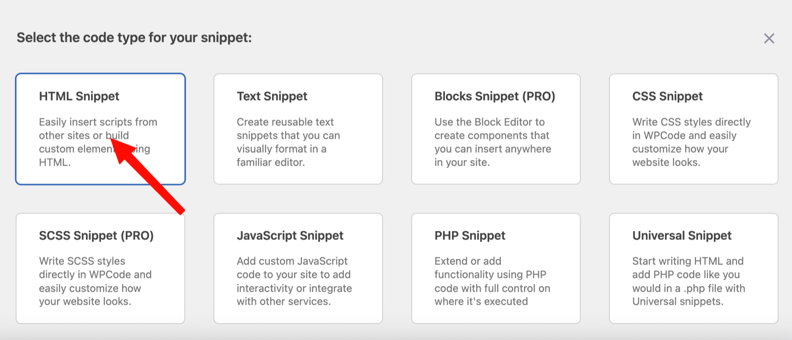 Selecting HTML Snippet as the code type in WPCode