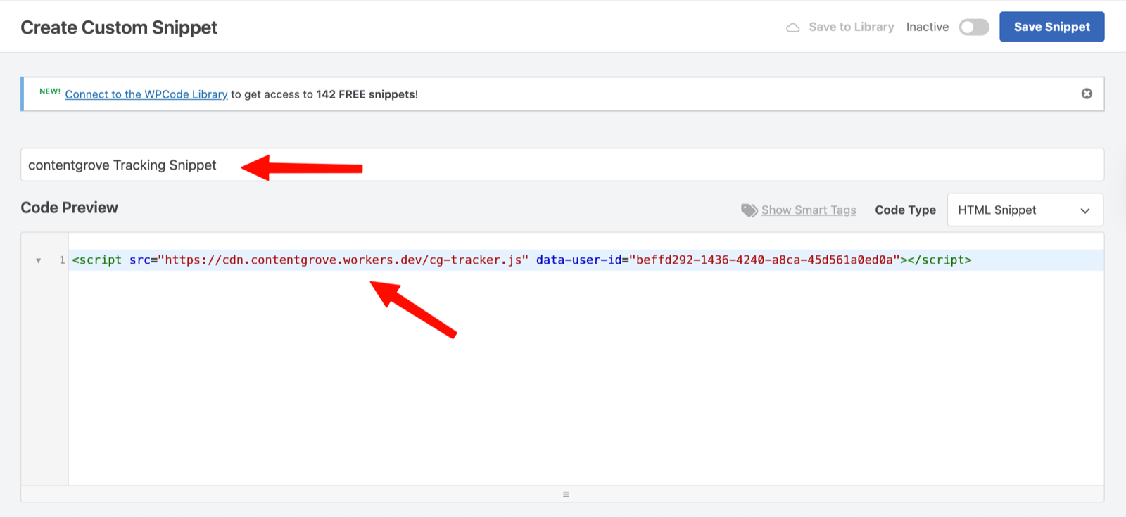 Naming the snippet and pasting the contentgrove tracking code in WPCode