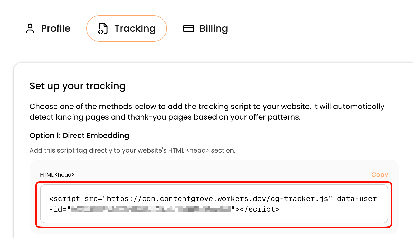 The contentgrove tracking code pasted into the WPCode editor