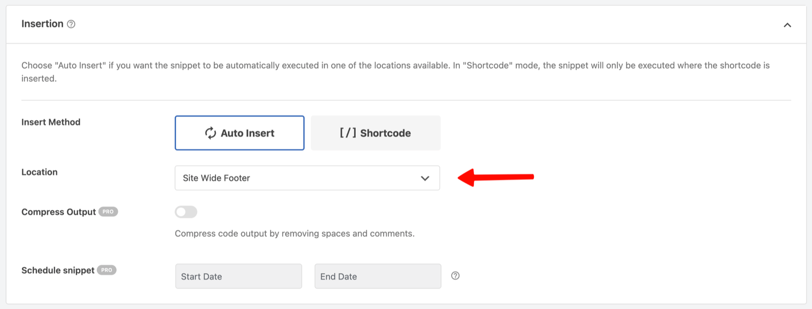 Setting the WPCode snippet location to Site Wide Footer