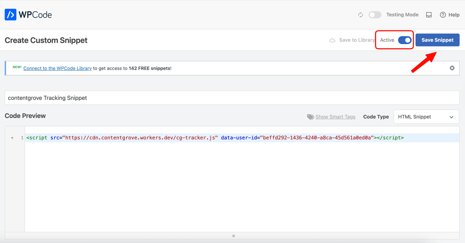 Activating the snippet and clicking Save Snippet in WPCode