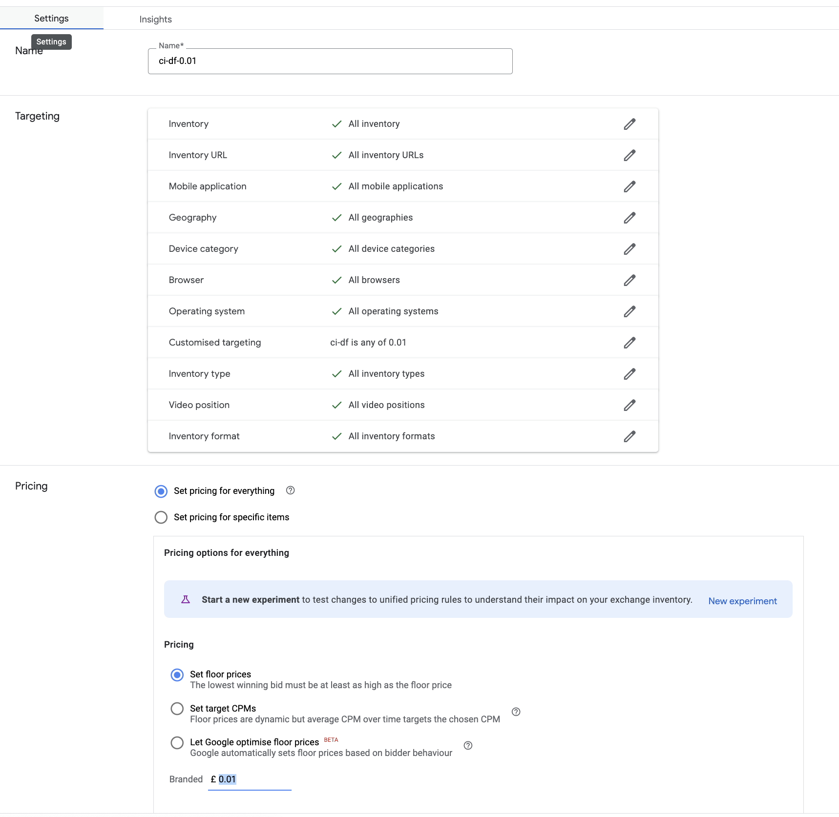 Screenshot from GAM showing Unified Pricing Rule set up for dynamic floors