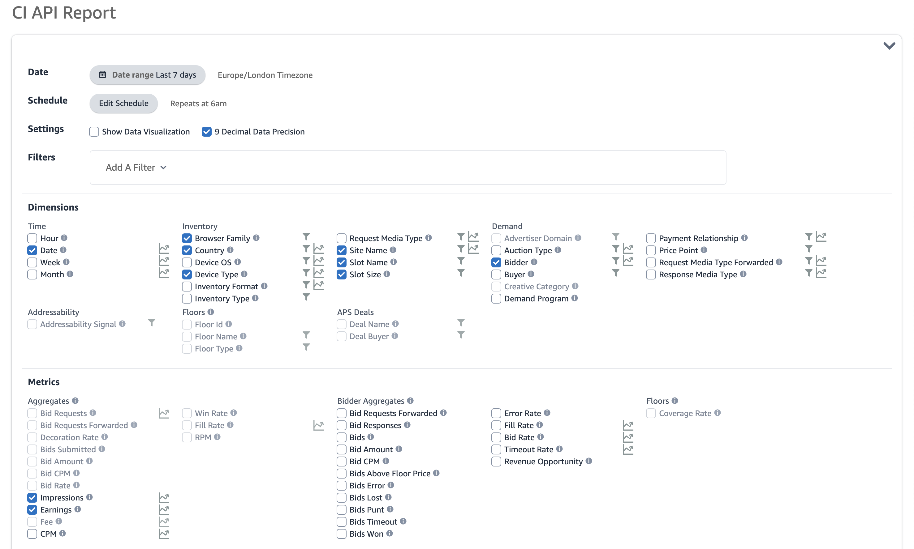 Reporting settings inside APS