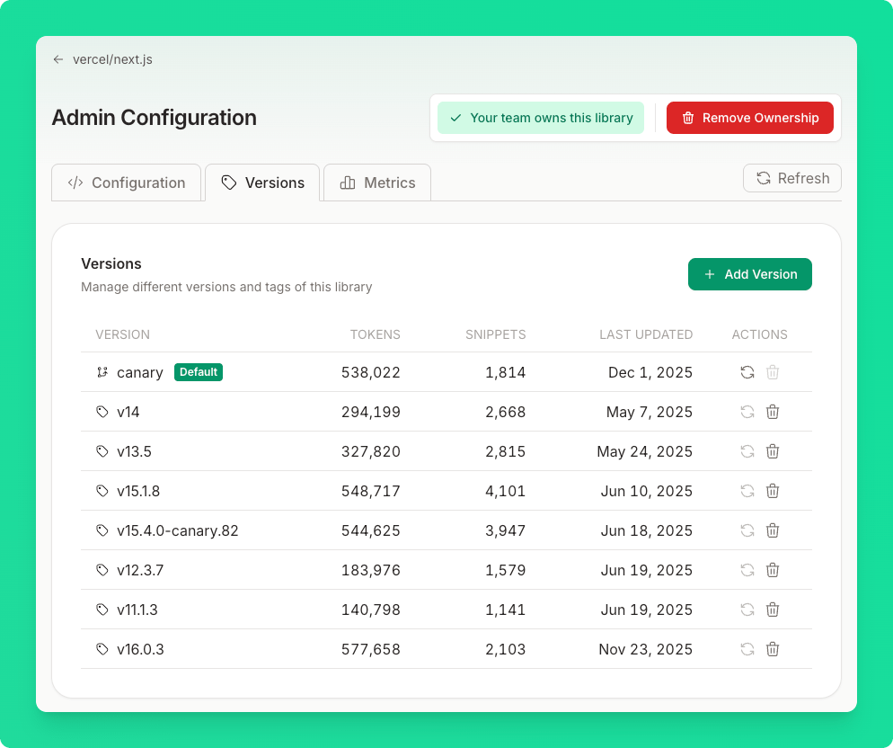 Versions tab