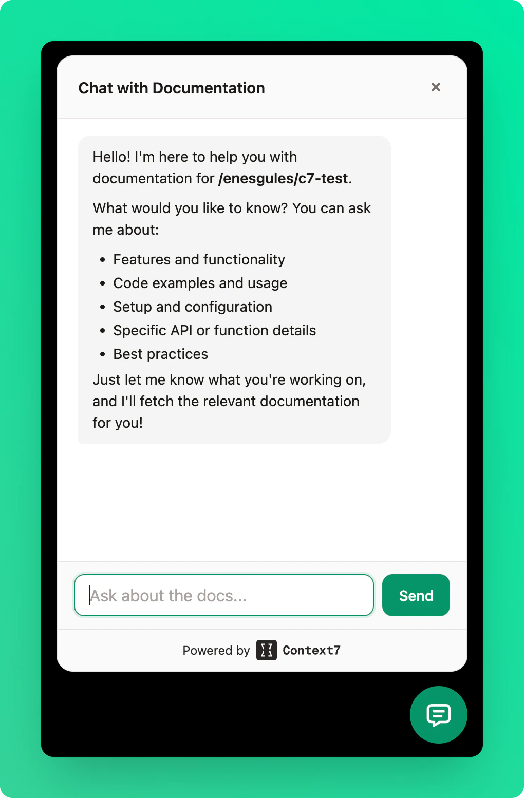 Chat widget panel showing AI-powered documentation assistant