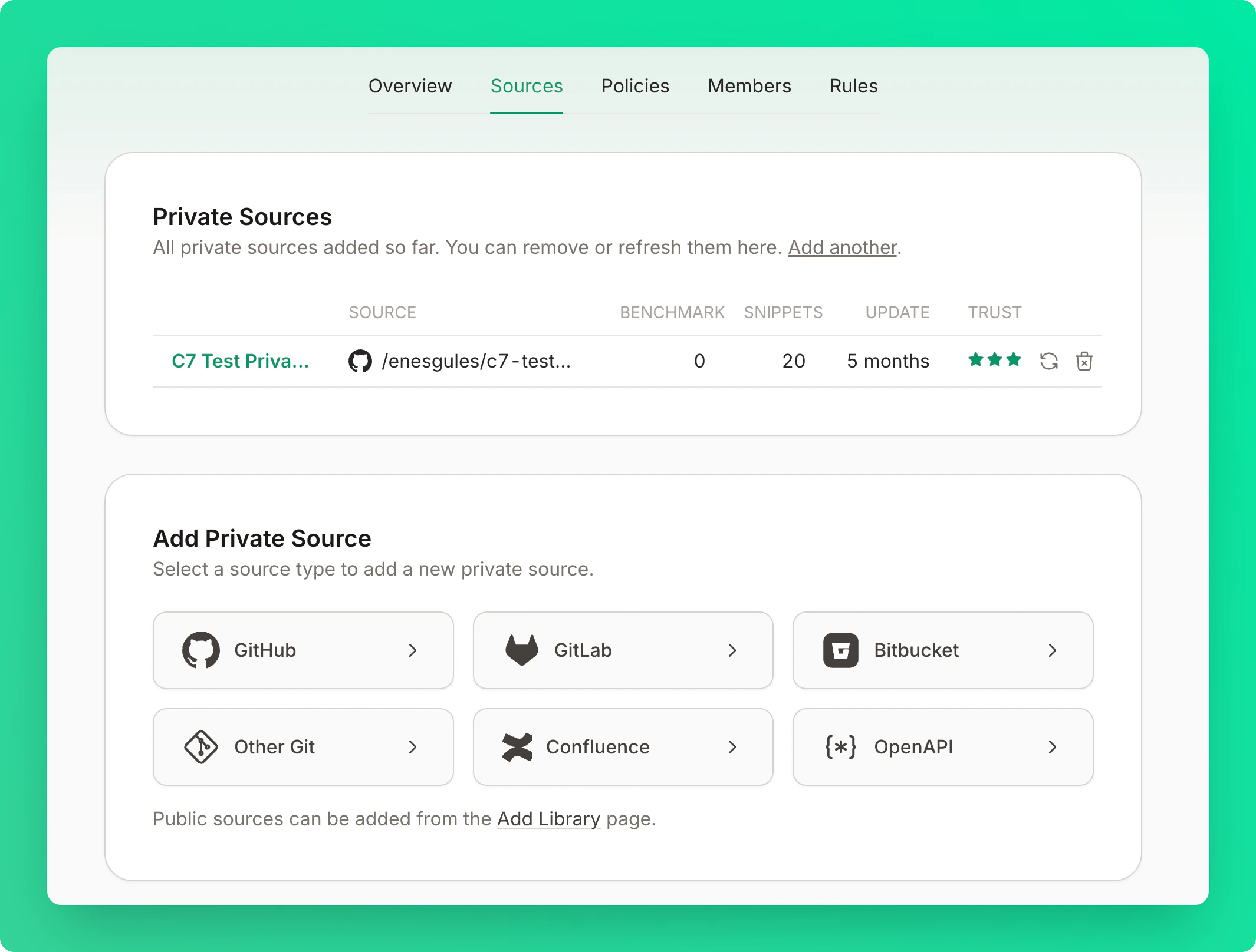 Private Sources card showing a table of added sources and source type options