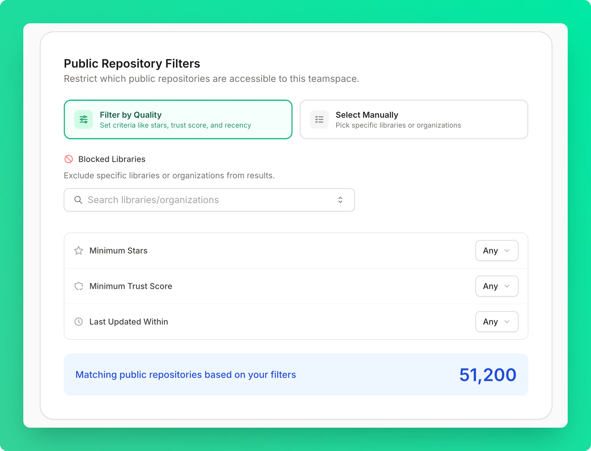Public Repository Filters card showing quality filters and blocked libraries