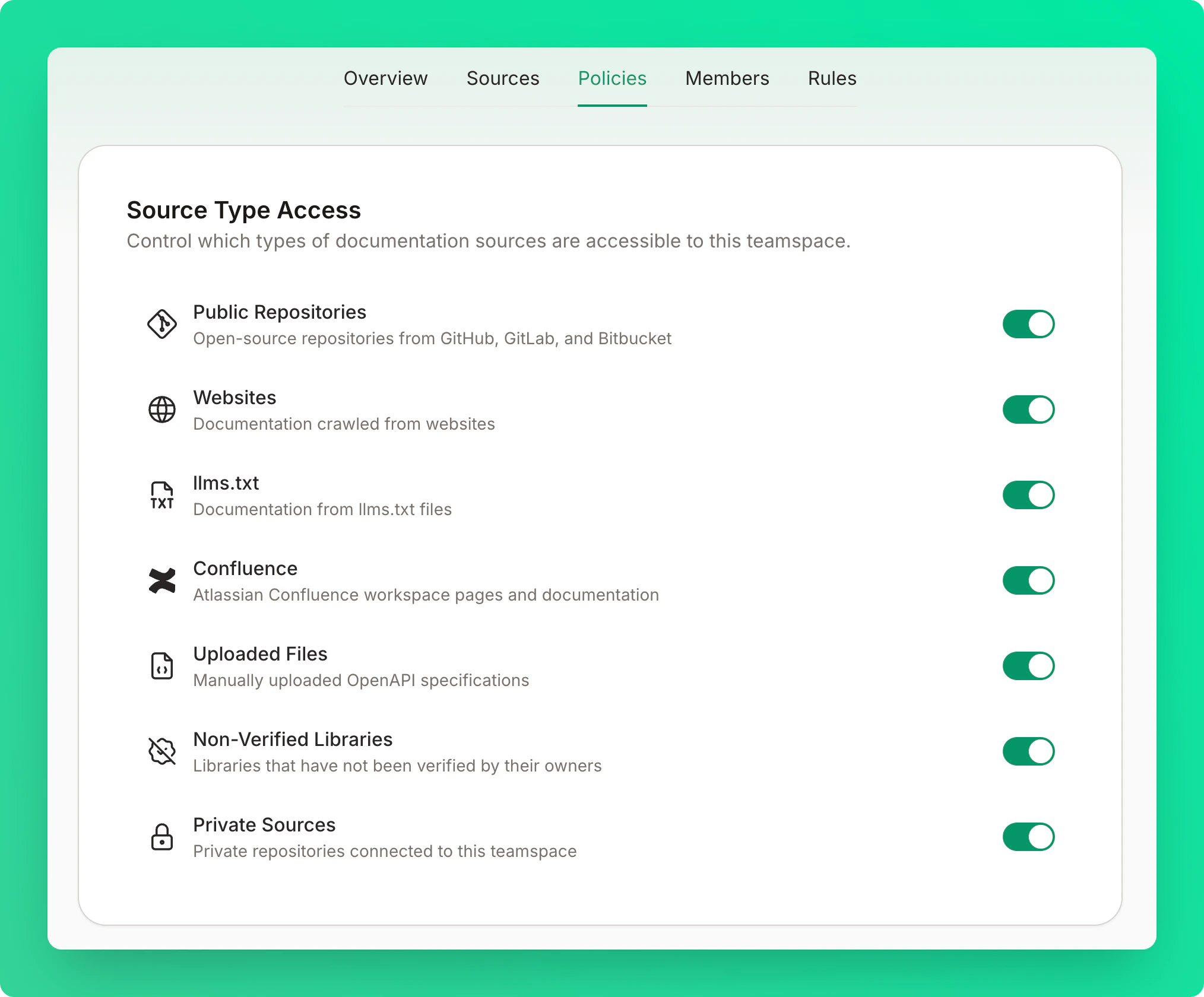 Source Type Access card showing toggles for each documentation source type
