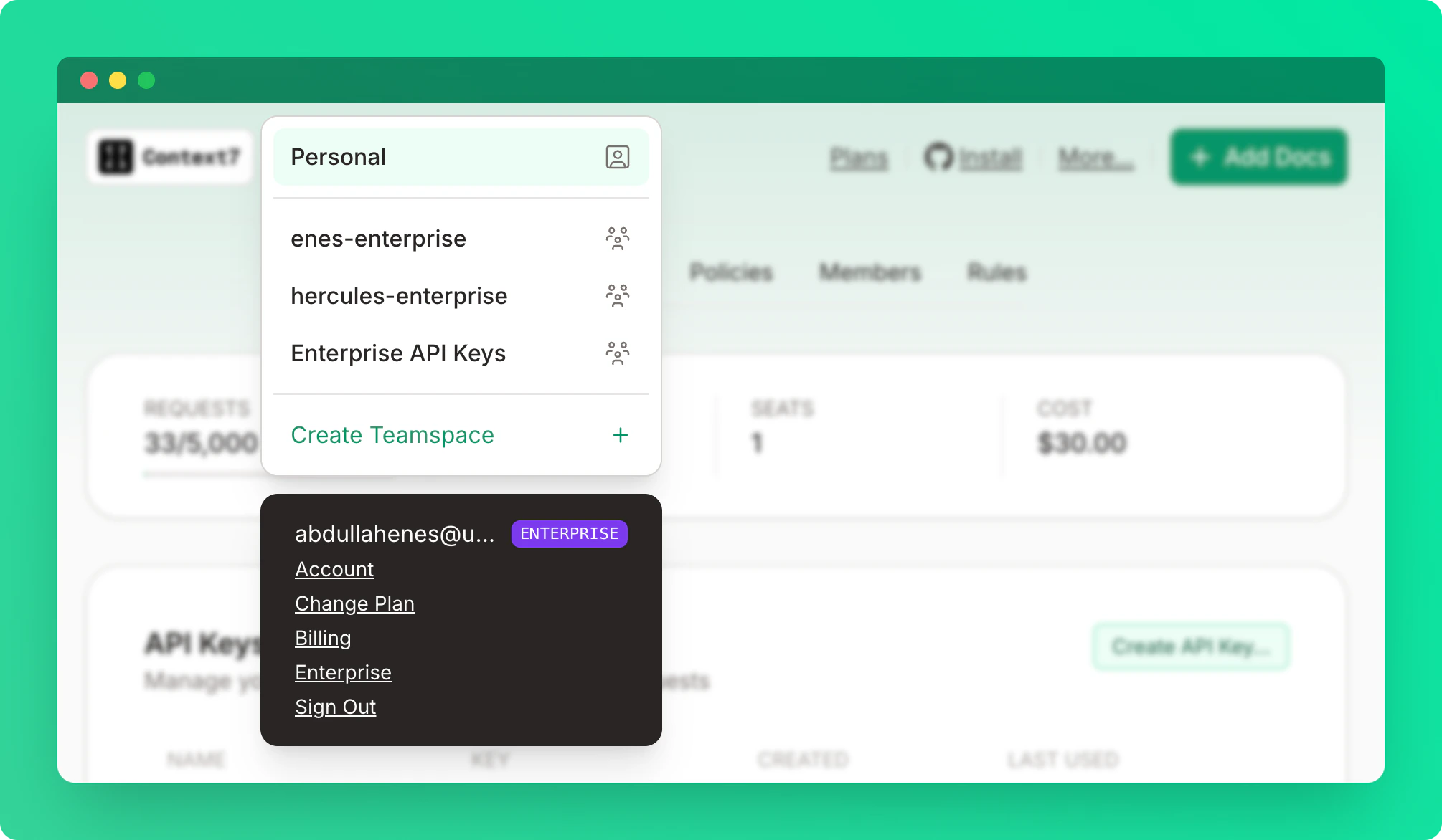 Create teamspace dropdown