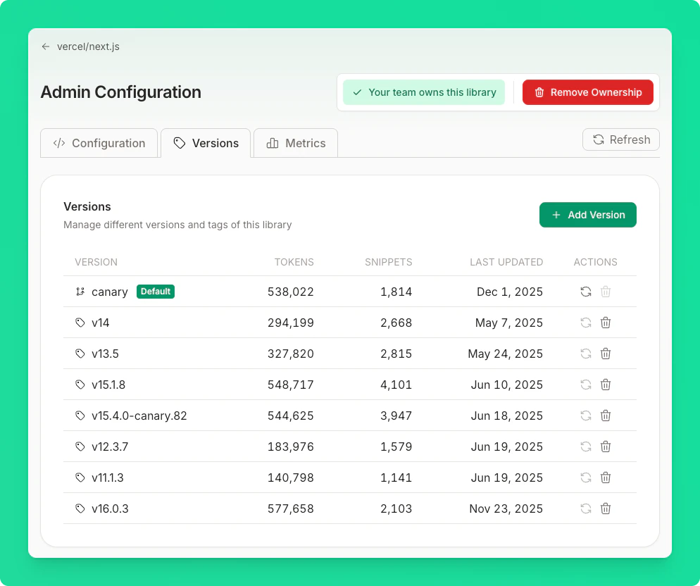 Versions tab