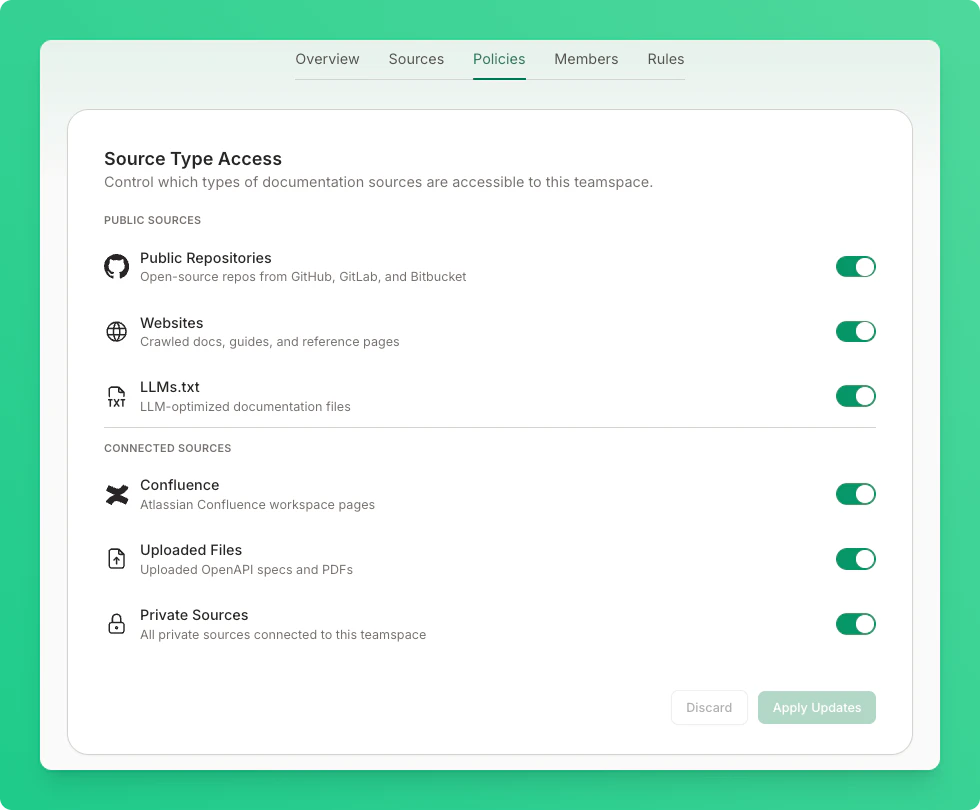 Source Type Access card showing toggles for each documentation source type