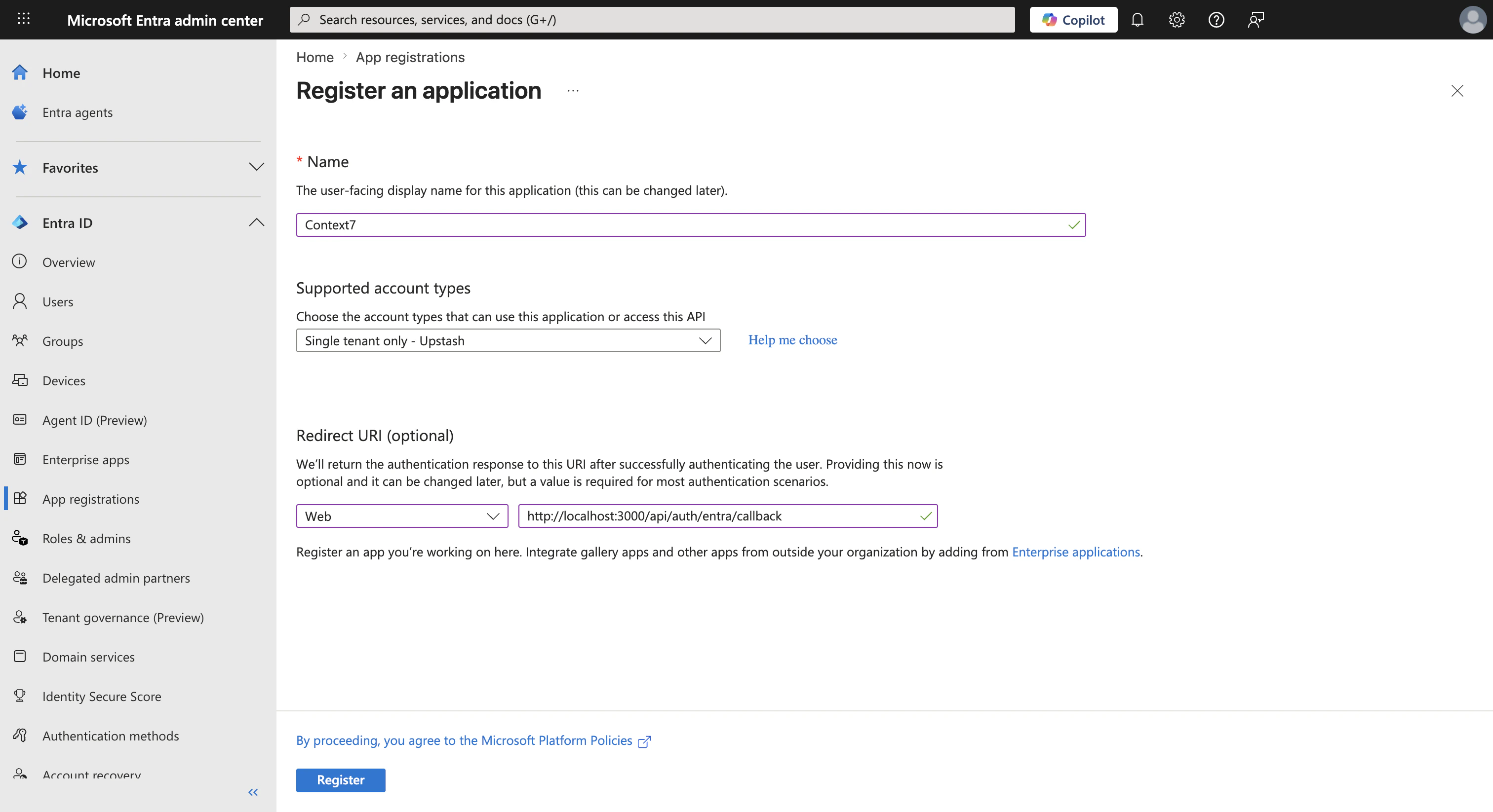 Azure App registrations: New registration form