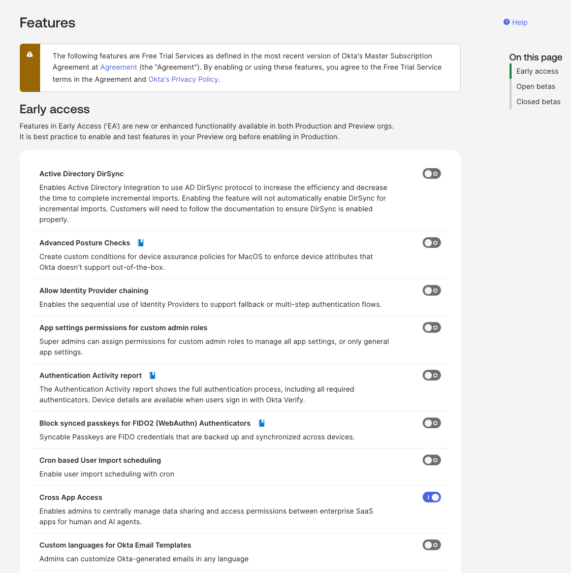 Cross App Access toggle in Okta Admin Console Settings → Features