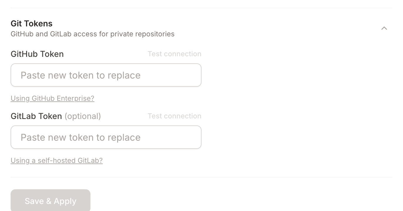 Git token fields under Settings, Integrations