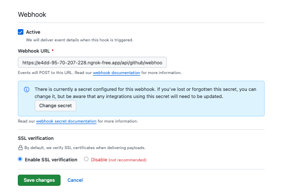 GitHub App webhook settings: active, webhook URL, and a configured secret