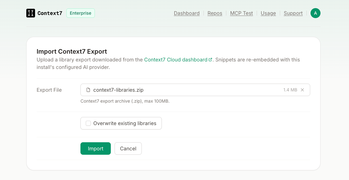 Uploading a Context7 export to import