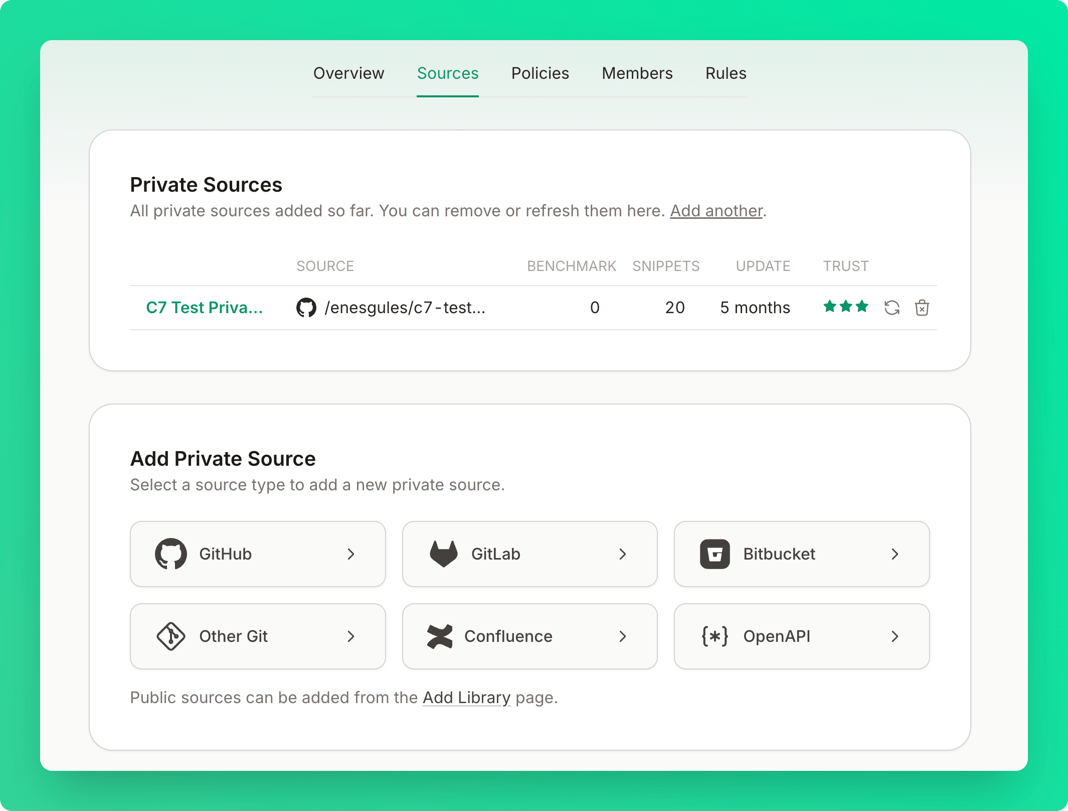 Private Sources card showing a table of added sources and source type options