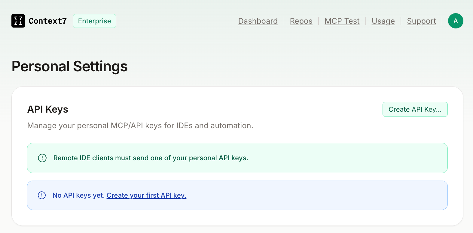 API Keys settings page