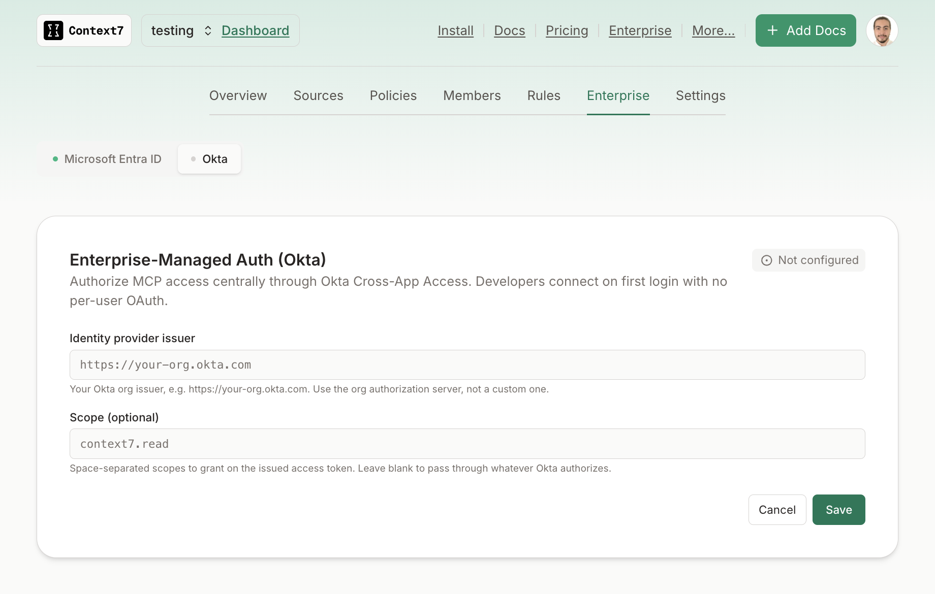 Context7 dashboard Enterprise-Managed Auth settings card with the Okta issuer field