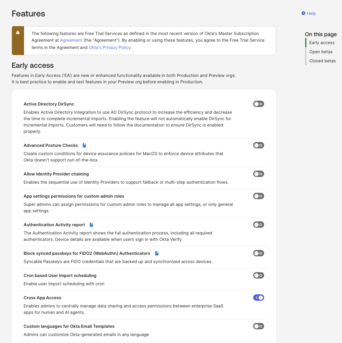 Cross App Access toggle in Okta Admin Console Settings → Features