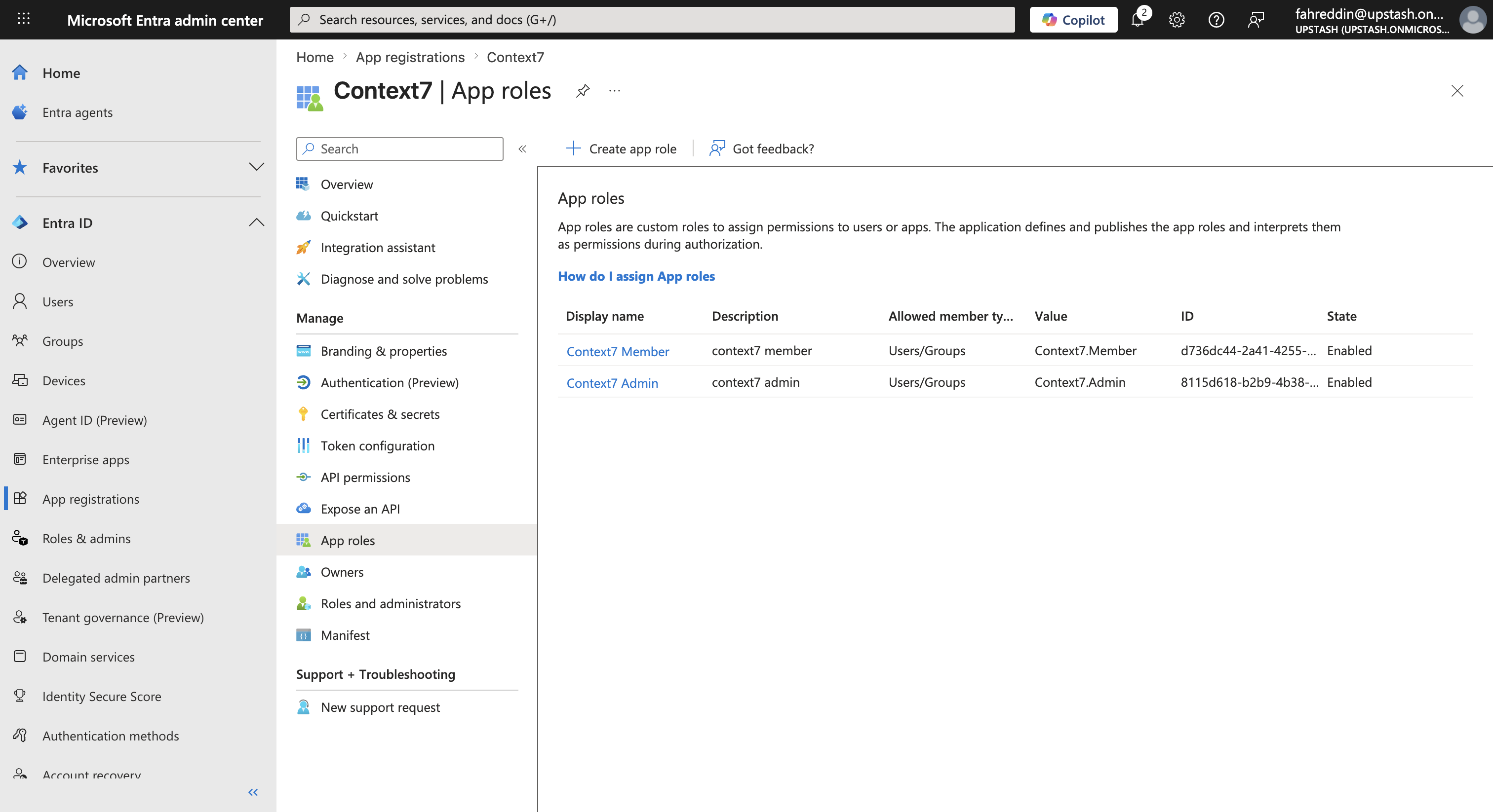 App roles page showing Context7.Admin and Context7.Member