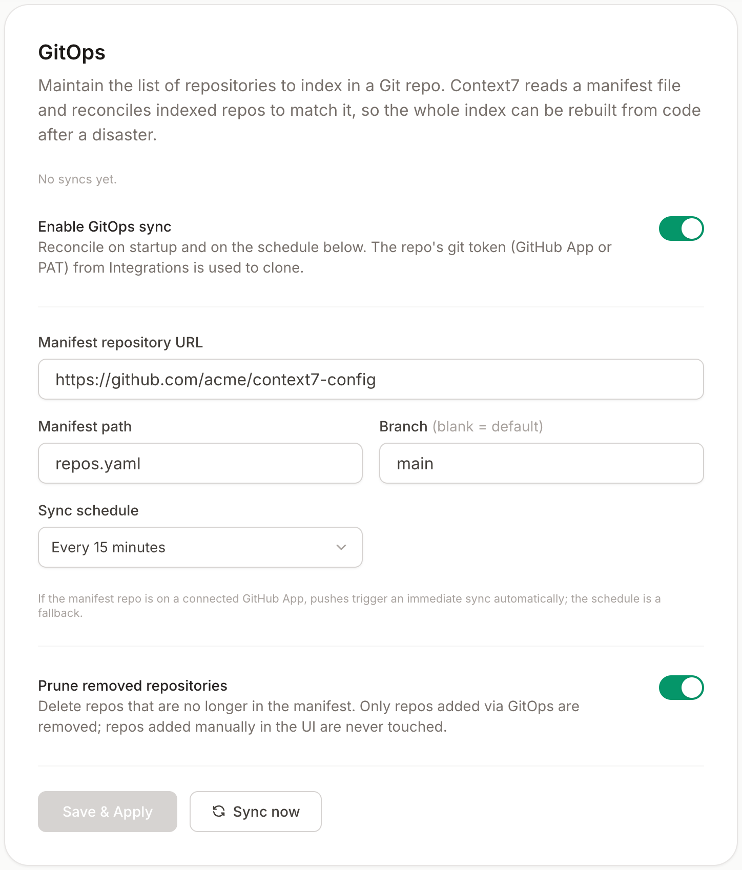 The GitOps settings card under Settings, Indexing