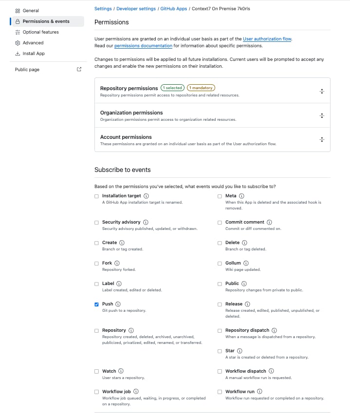 GitHub App repository permissions and the subscribed Push event