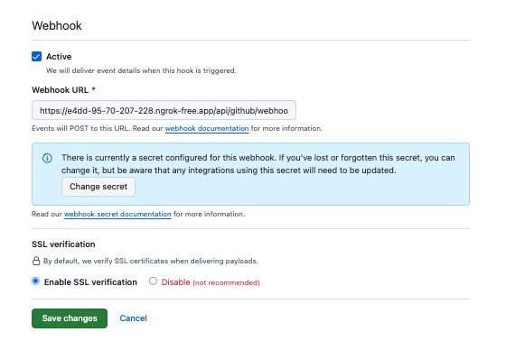 GitHub App webhook settings: active, webhook URL, and a configured secret