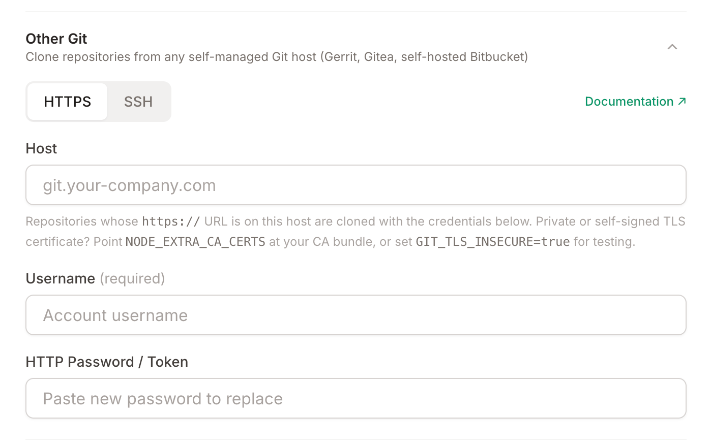 Other Git HTTPS settings: host, username, and HTTP password under Settings, Integrations