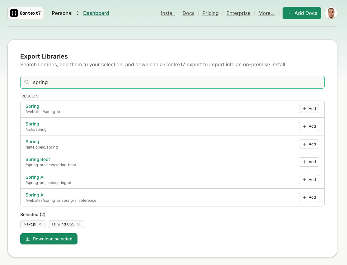 Searching and selecting libraries to export