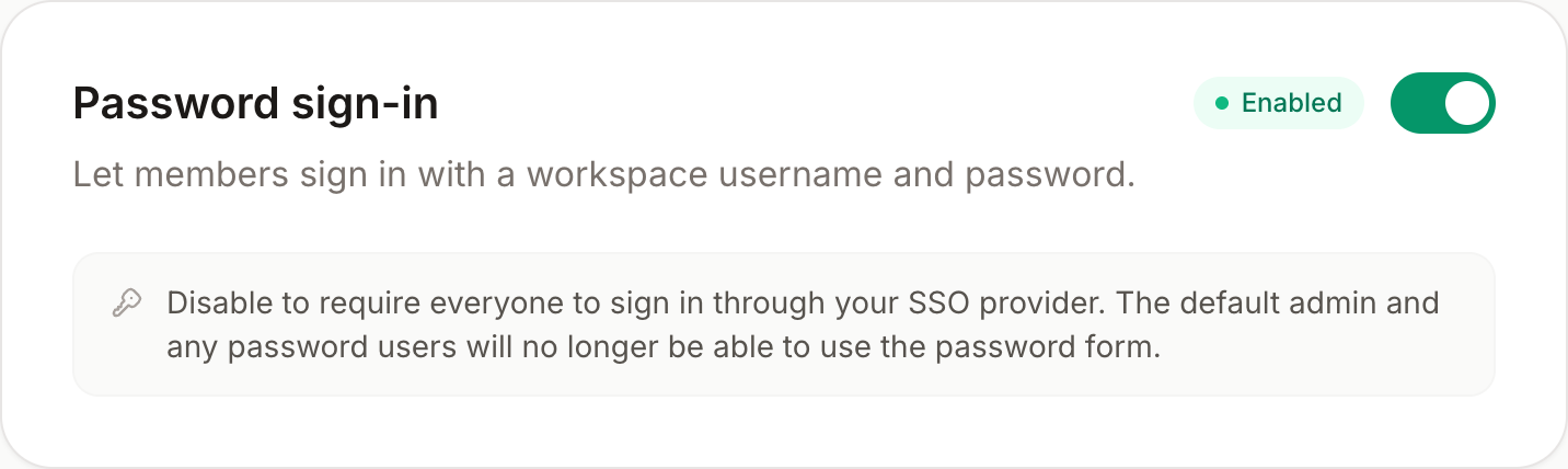 Password sign-in card with the toggle in the Enabled state