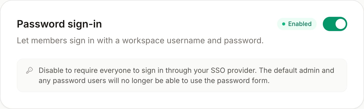 Password sign-in card with the toggle in the Enabled state