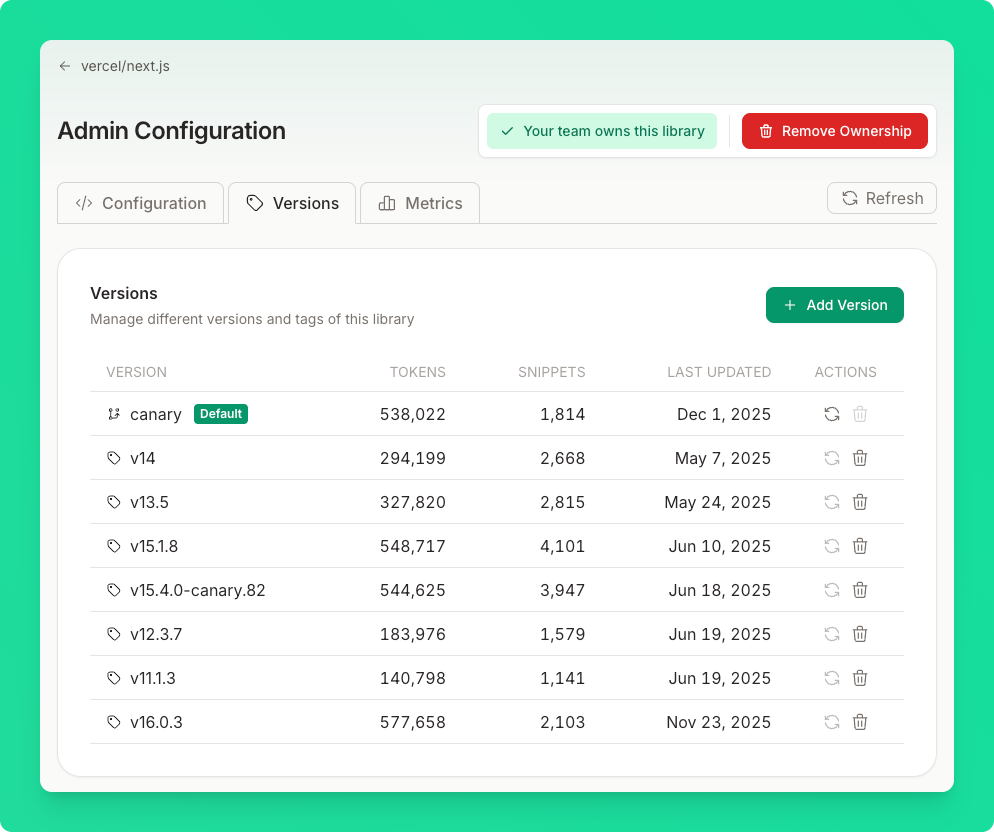 Versions tab