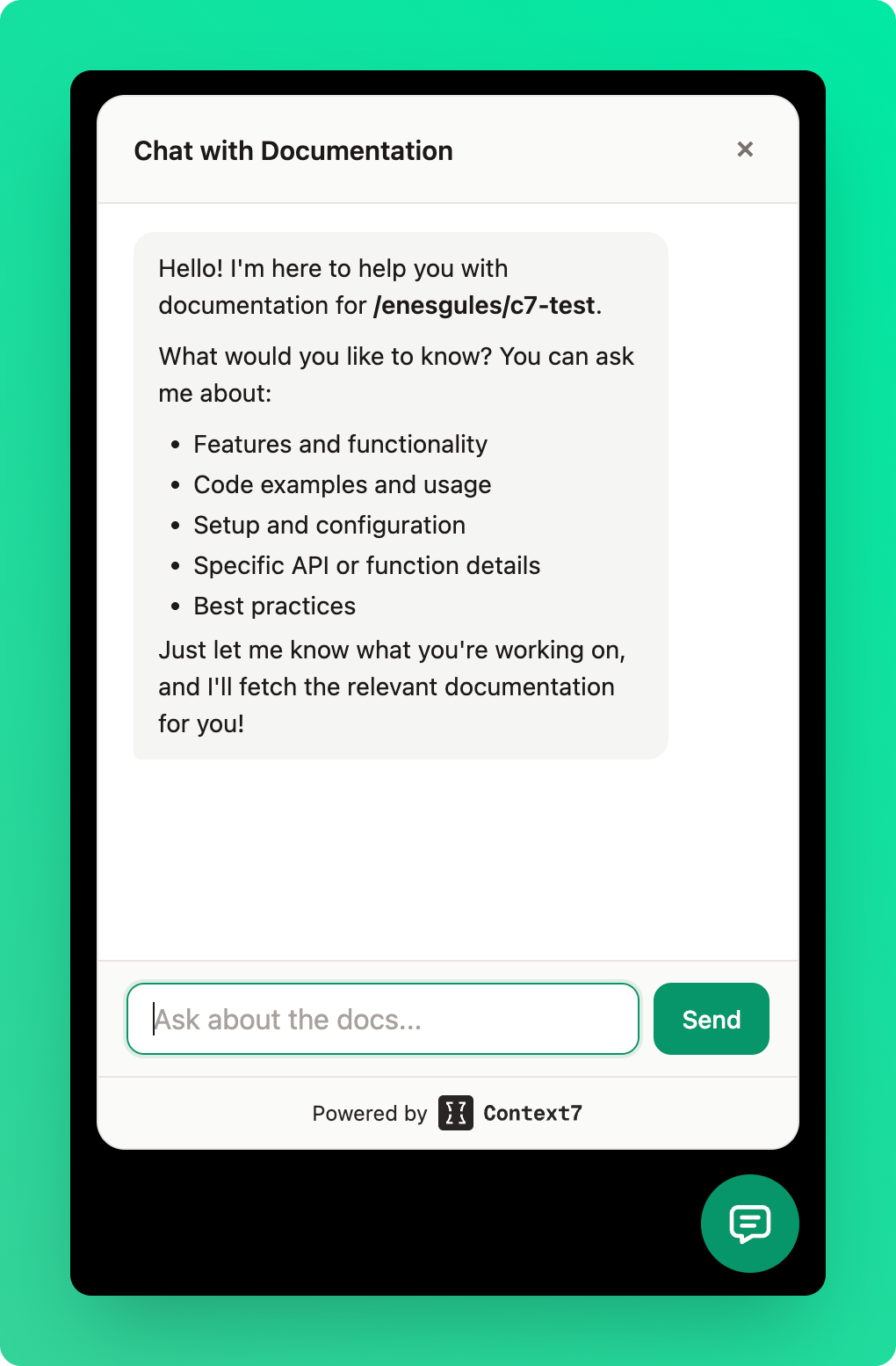 Chat widget panel showing AI-powered documentation assistant