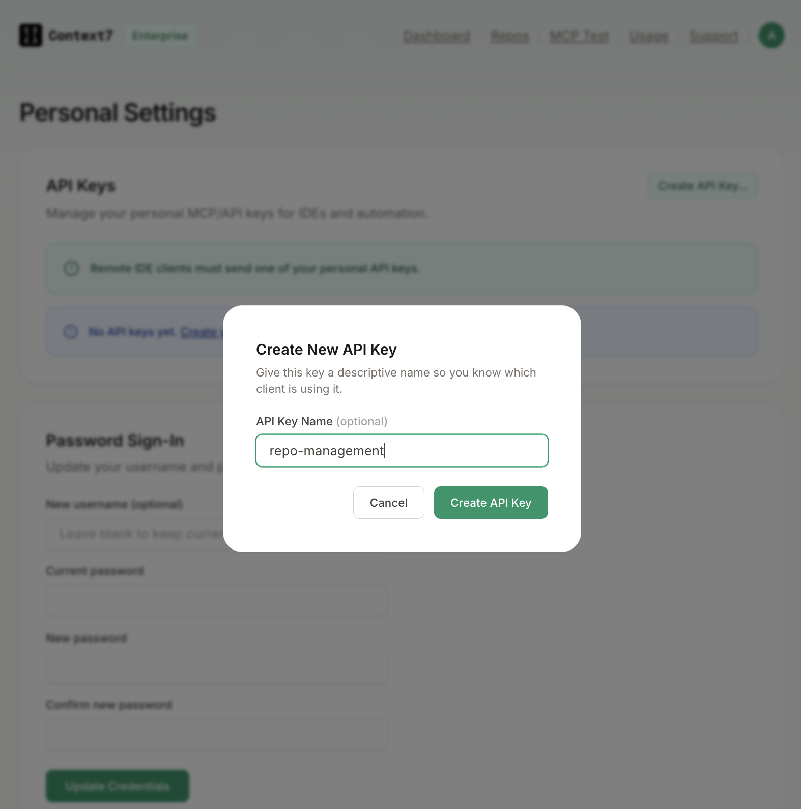 Create API Key dialog