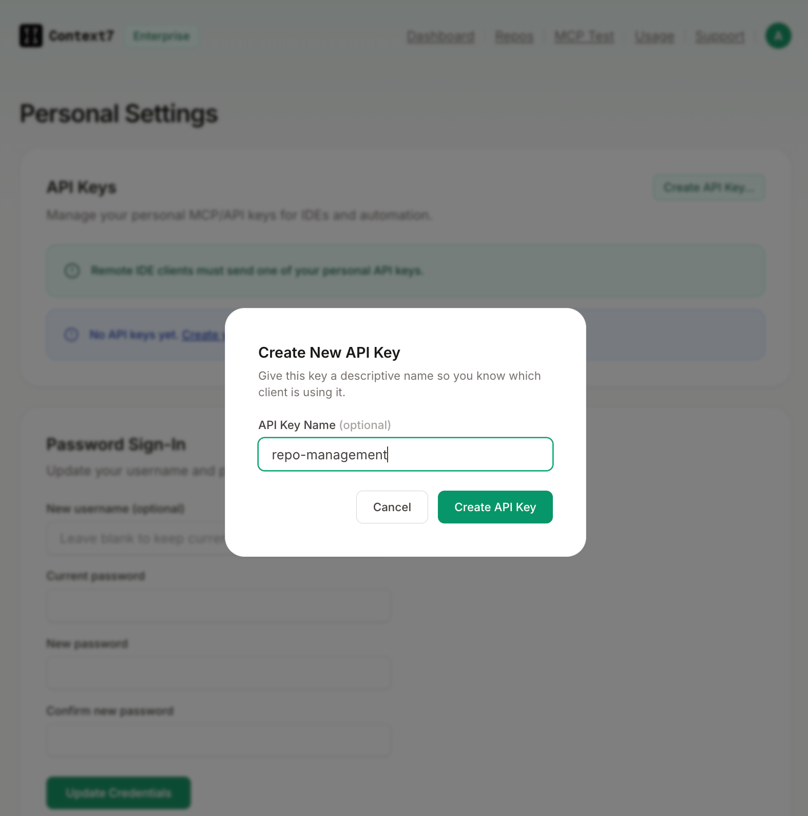 Create API Key dialog