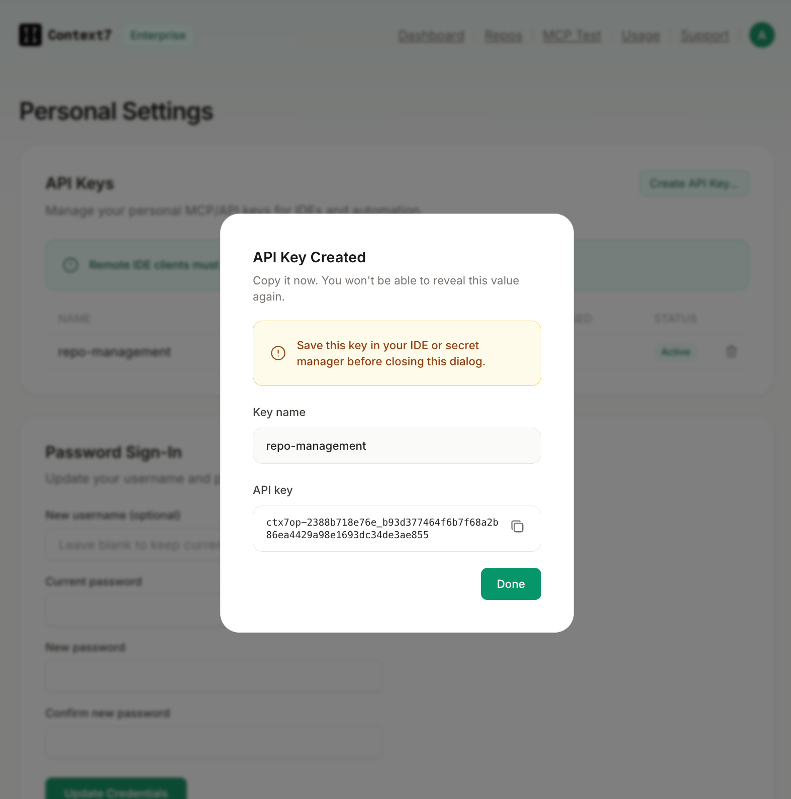 API Key Created dialog showing the key value