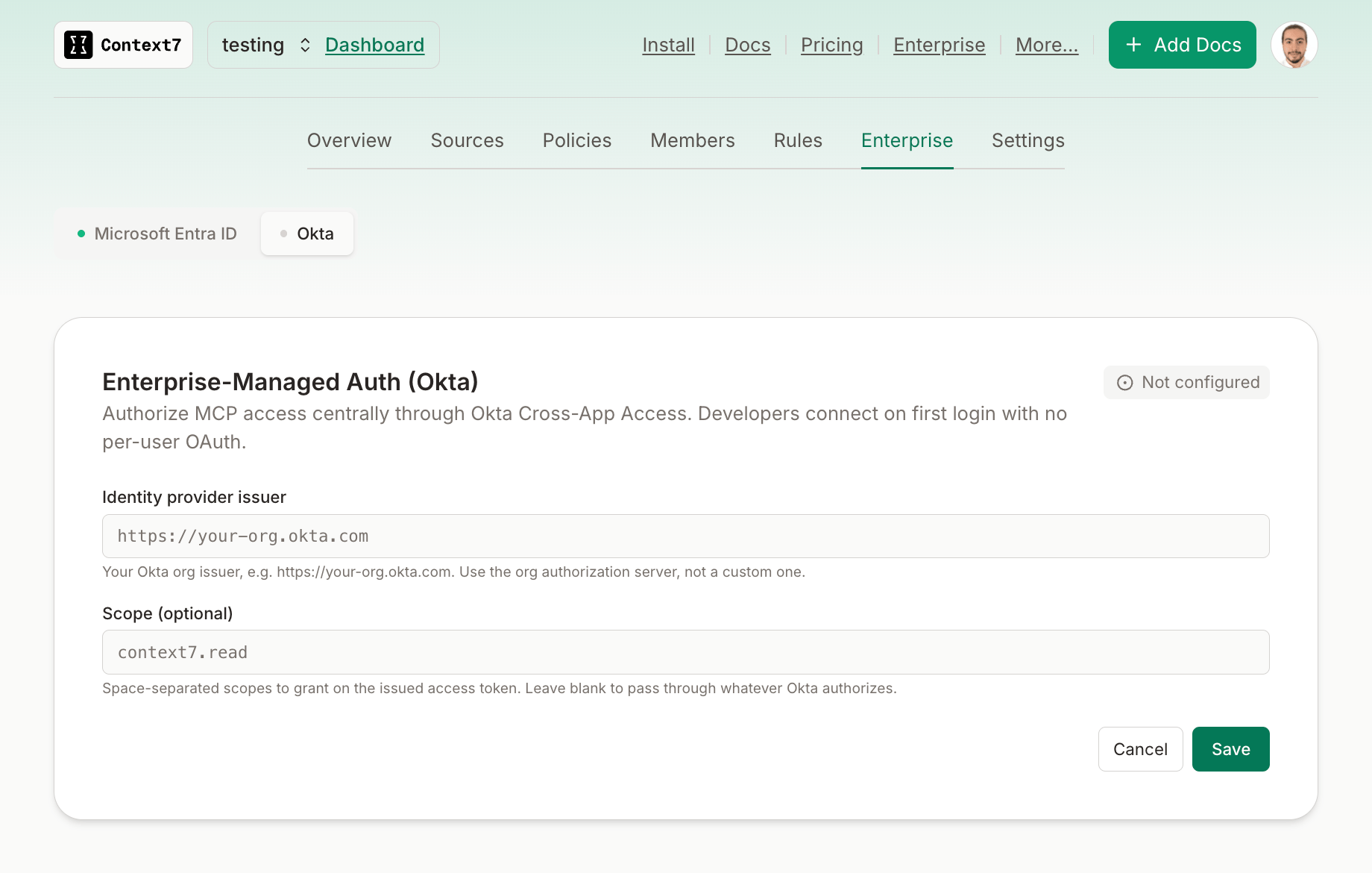 Context7 dashboard Enterprise-Managed Auth settings card with the Okta issuer field