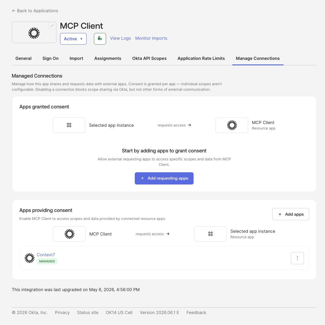 Manage Connections tab linking the MCP Client to the Context7 resource app