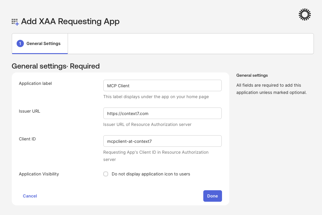 Add XAA Requesting App general settings with label, issuer URL, and client ID