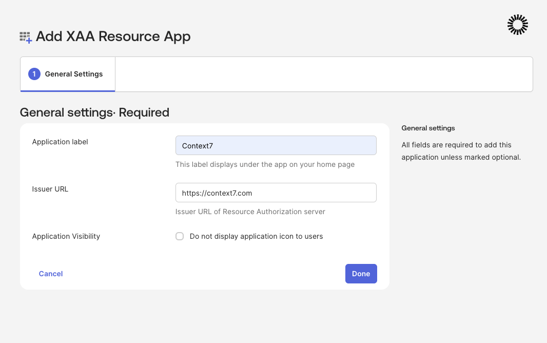 Add XAA Resource App general settings with Context7 label and issuer URL