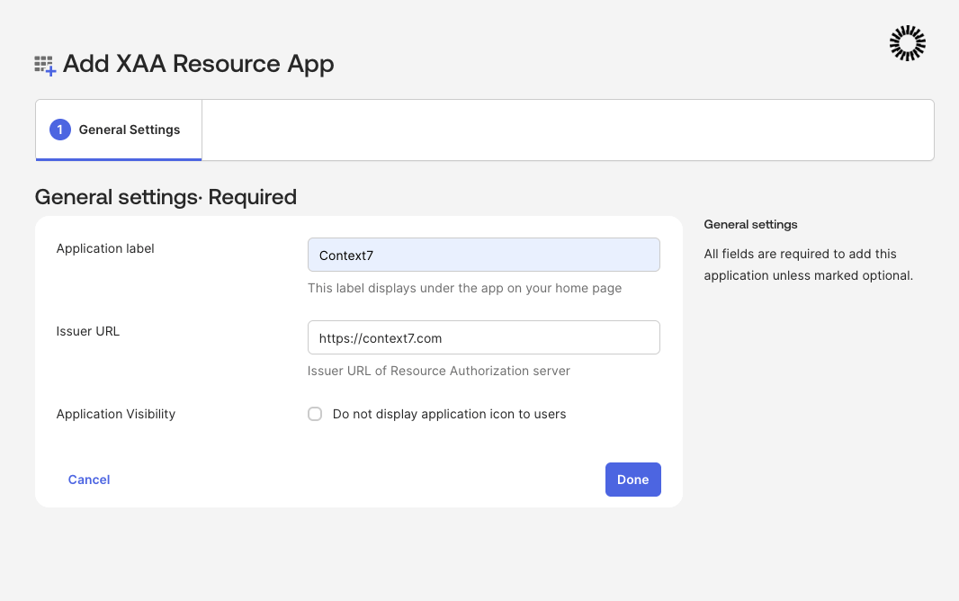 Add XAA Resource App general settings with Context7 label and issuer URL